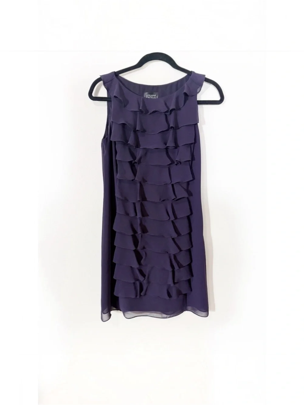 Adrianna Papell Women Purple Tiered Ruffle Chiffon Sleeveless Shift Dress Size 6